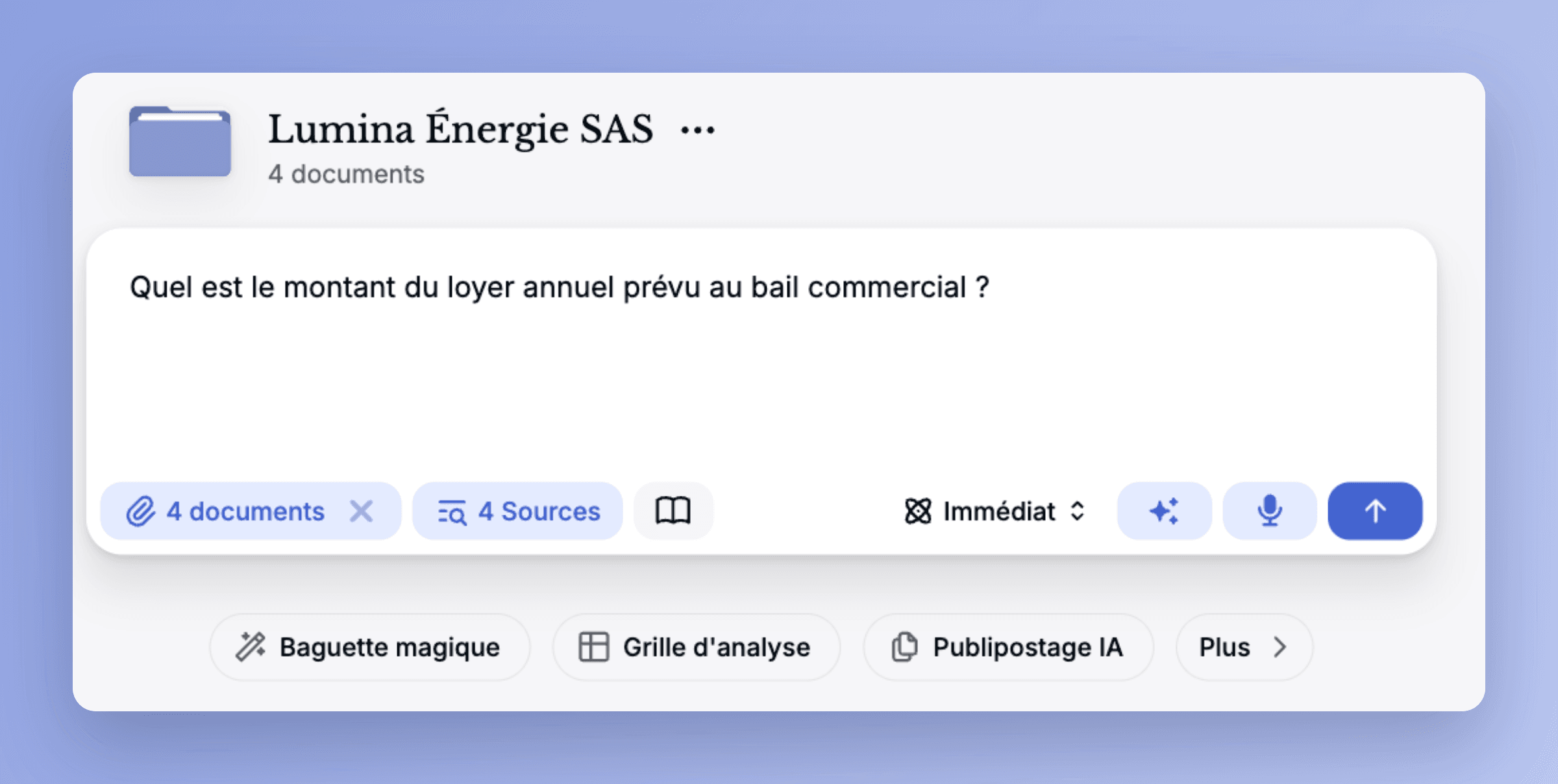 La page du dossier Lumina Énergie SAS : la question est posée, les quatre pièces du dossier sont déjà attachées