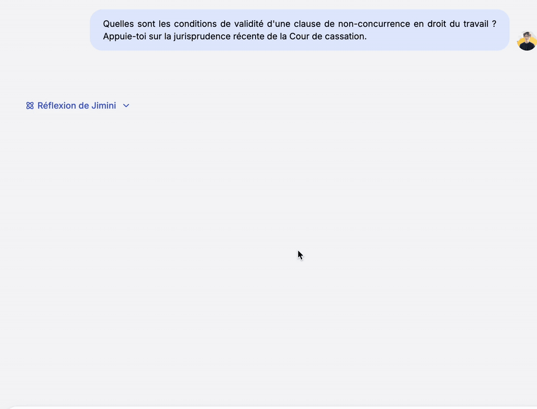 La progression d'une recherche juridique affichée en direct dans Jimini