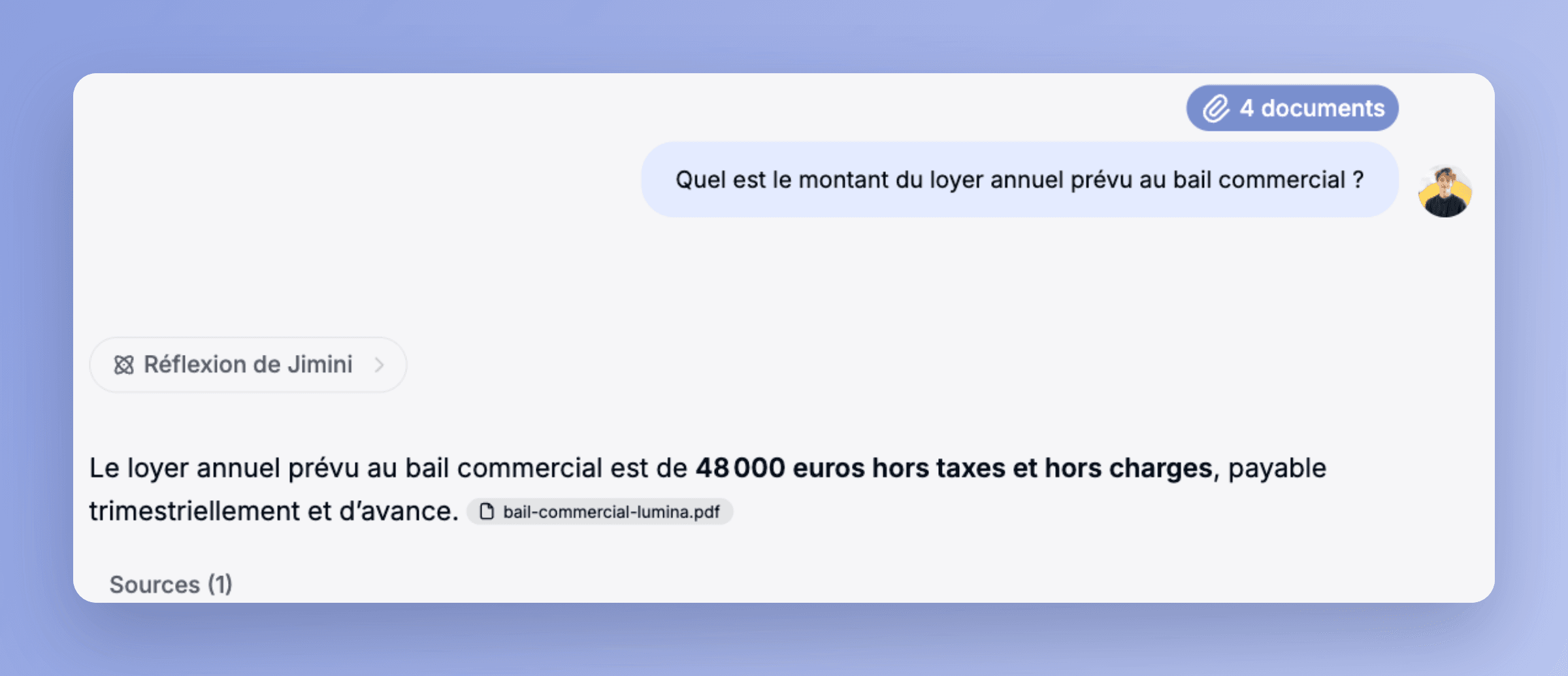 La réponse de Jimini cite la pièce exacte du dossier, bail-commercial-lumina.pdf