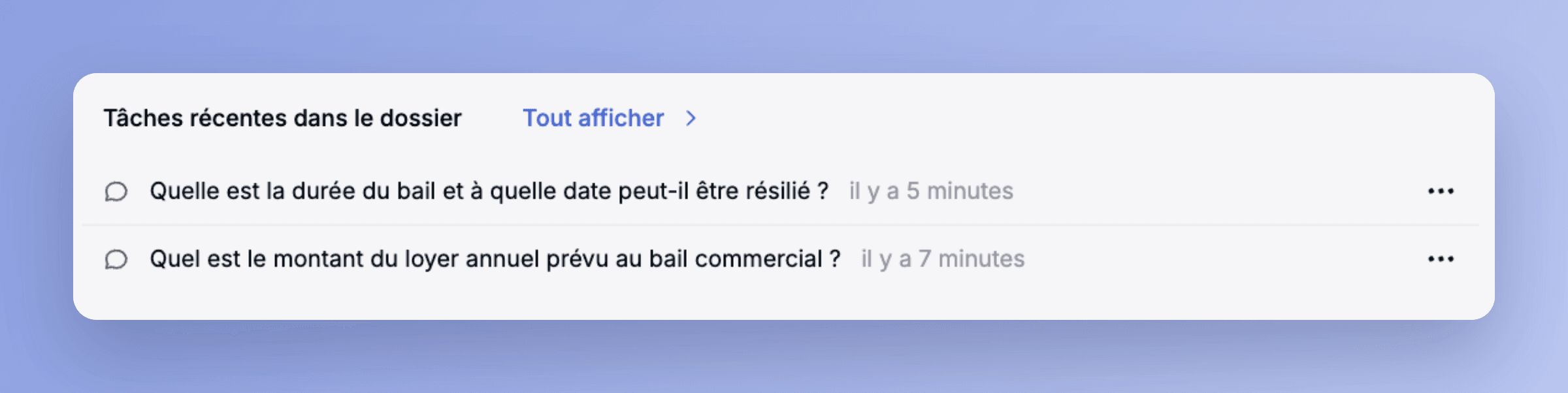 La section Tâches récentes dans le dossier, sur la page du dossier